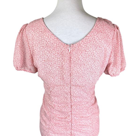 Native Daughters Red Pink Micro Floral Print Babydoll Ruched Dainty Mini Dress - Picture 6 of 10